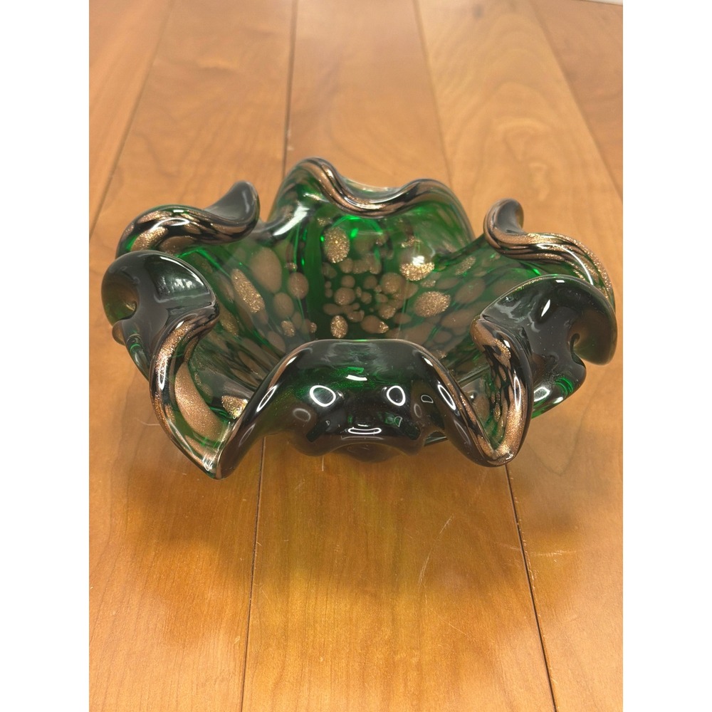 Vintage Emerald Green Aventurina Art Glass Ruffled Bowl | Italian Murano Style